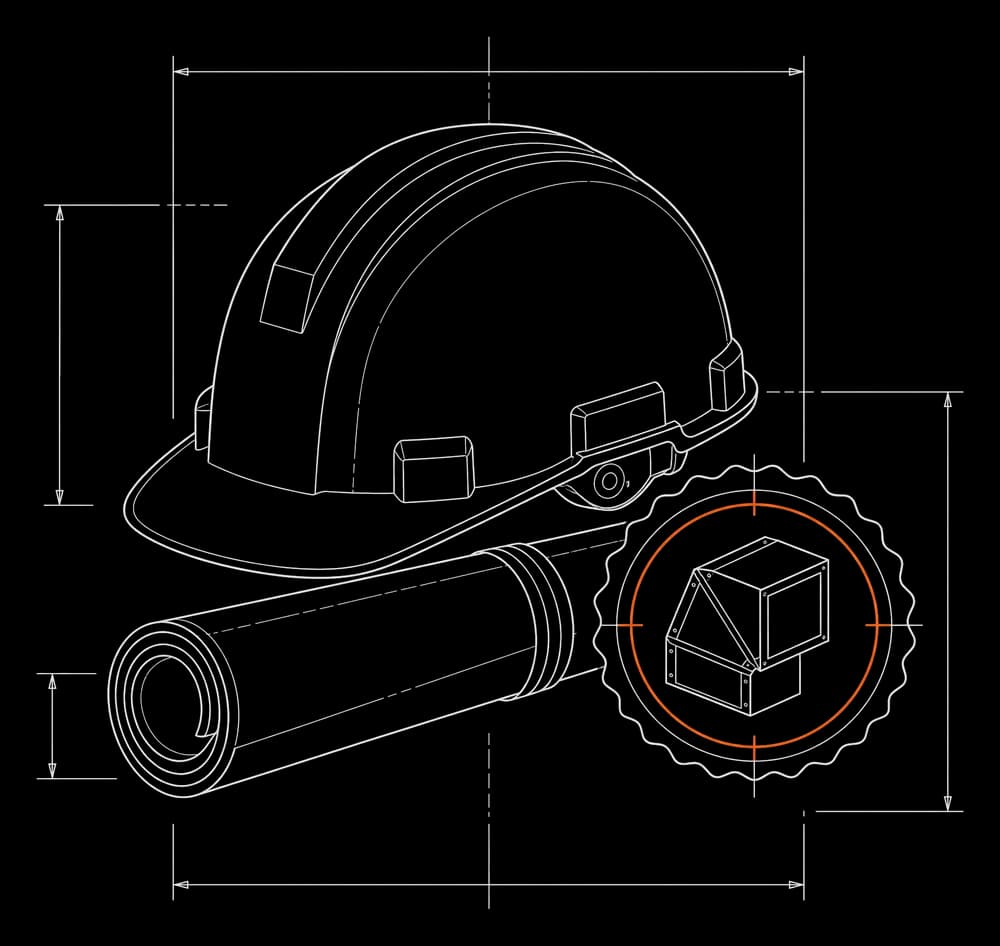 Trade course artwork: a tradesperson studying sheet-metal layout.